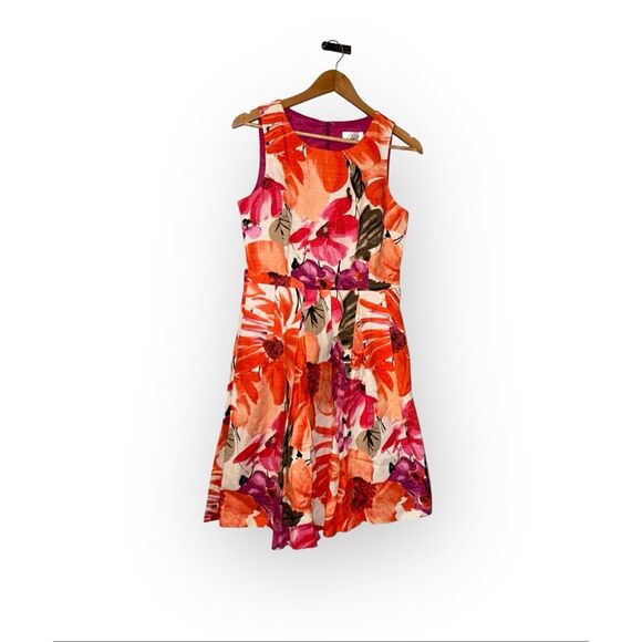 Eliza J Size 8 A-Line Fit & Flare Tea Dress Orange Pink Big Floral Vacation - Picture 1 of 9